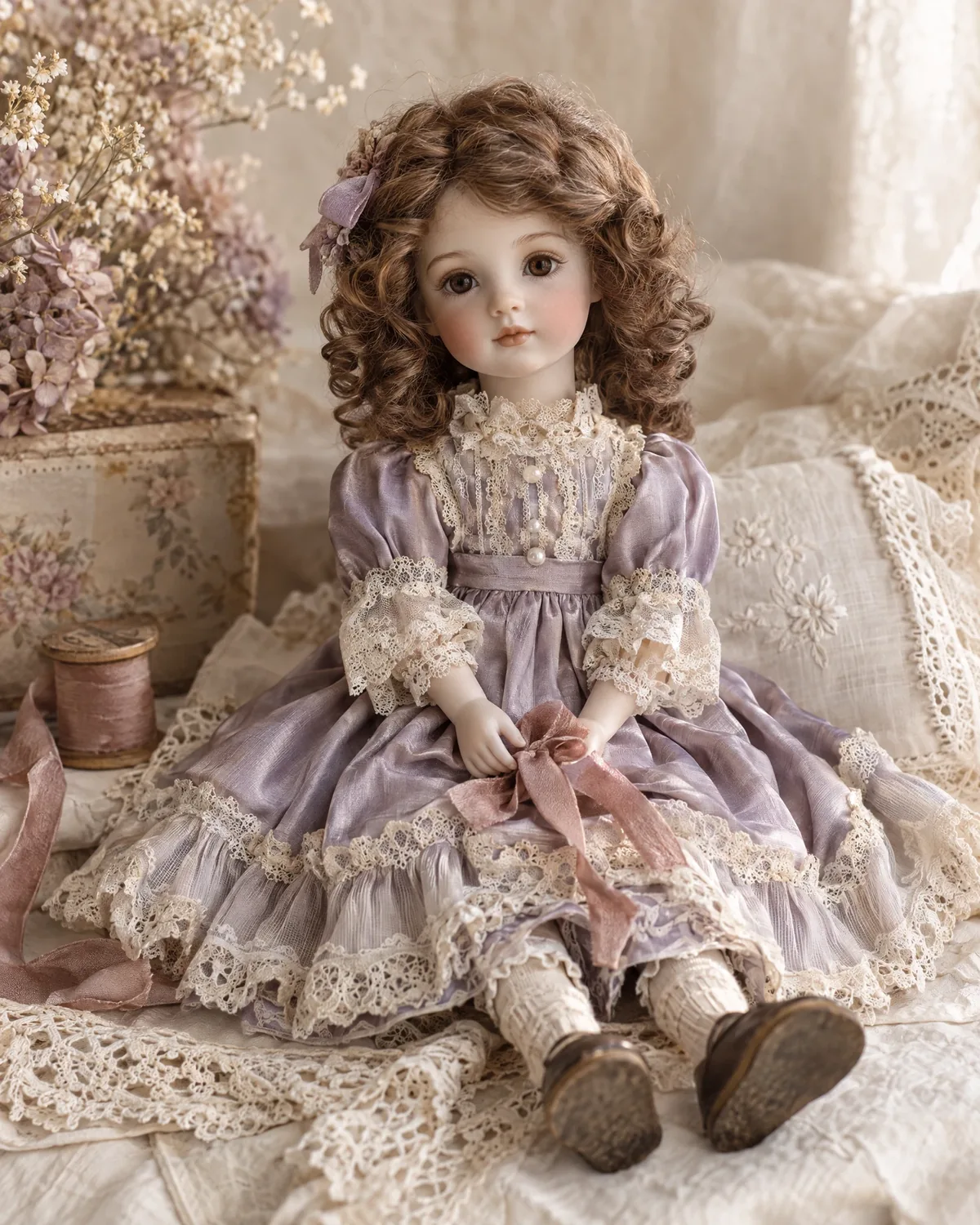 Illustrative porcelain doll with brown ringlets, an ivory lace collar, and a lavender dress