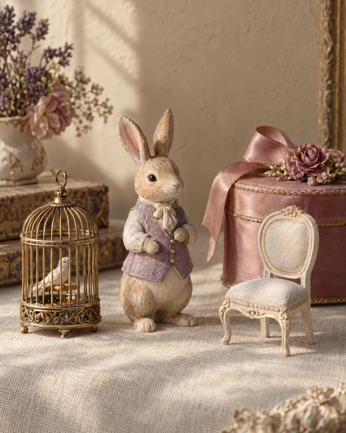 Illustrative rabbit figurine, miniature brass birdcage, dollhouse chair, and rose hatbox