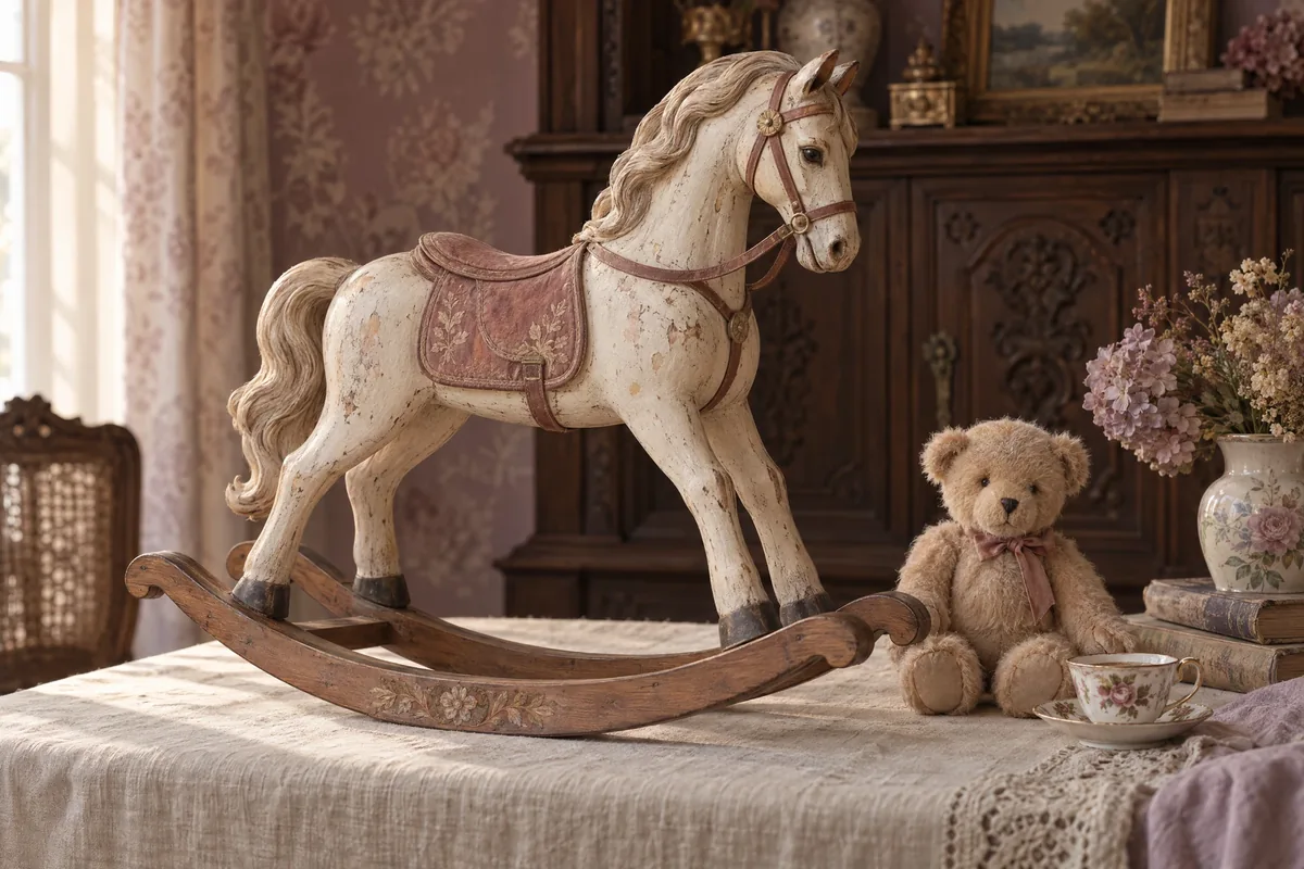 Vintage-inspired ivory rocking horse, teddy bear, and miniature teacup in a softly lit still life