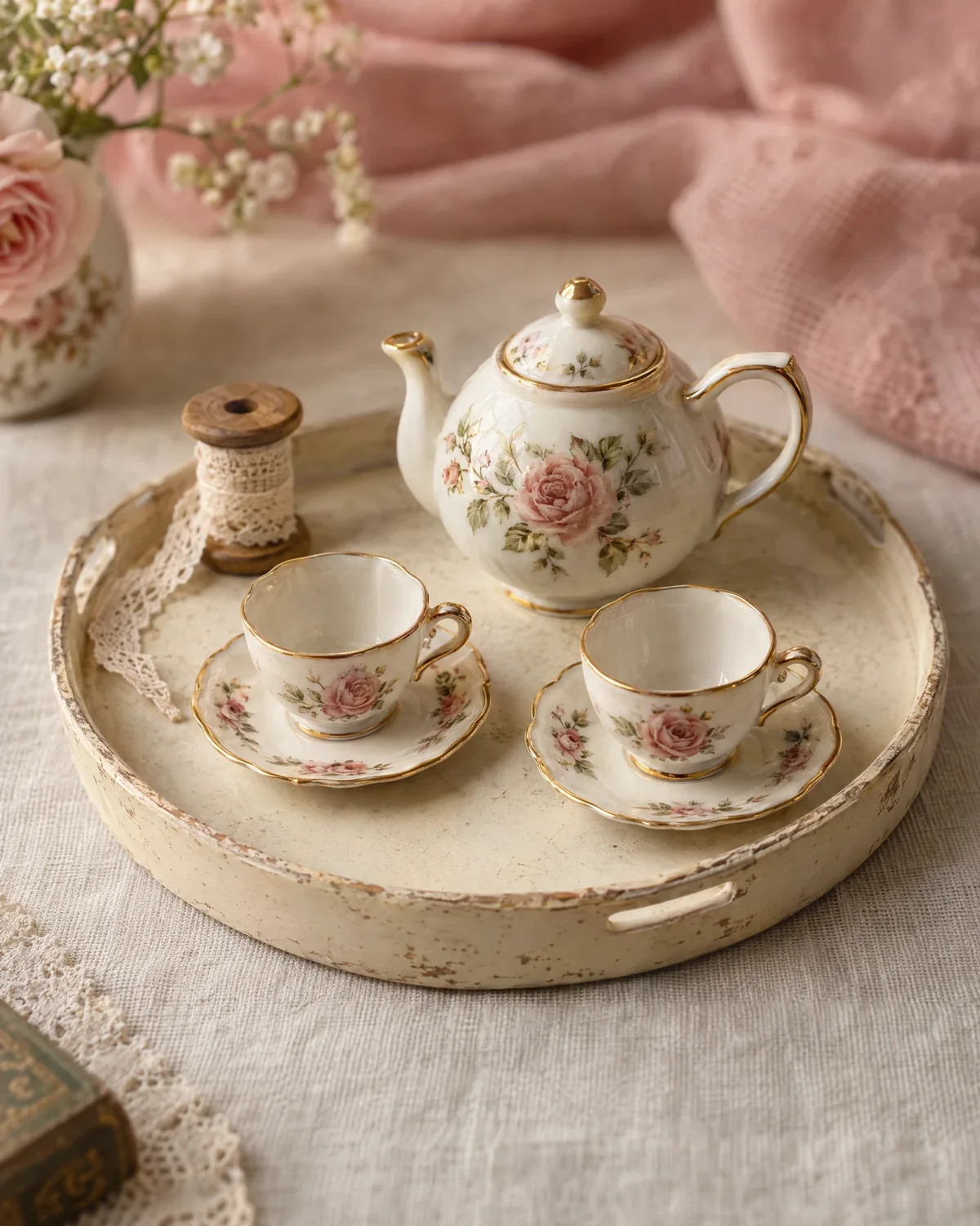 Illustrative miniature floral porcelain teapot and two teacups on an ivory tray