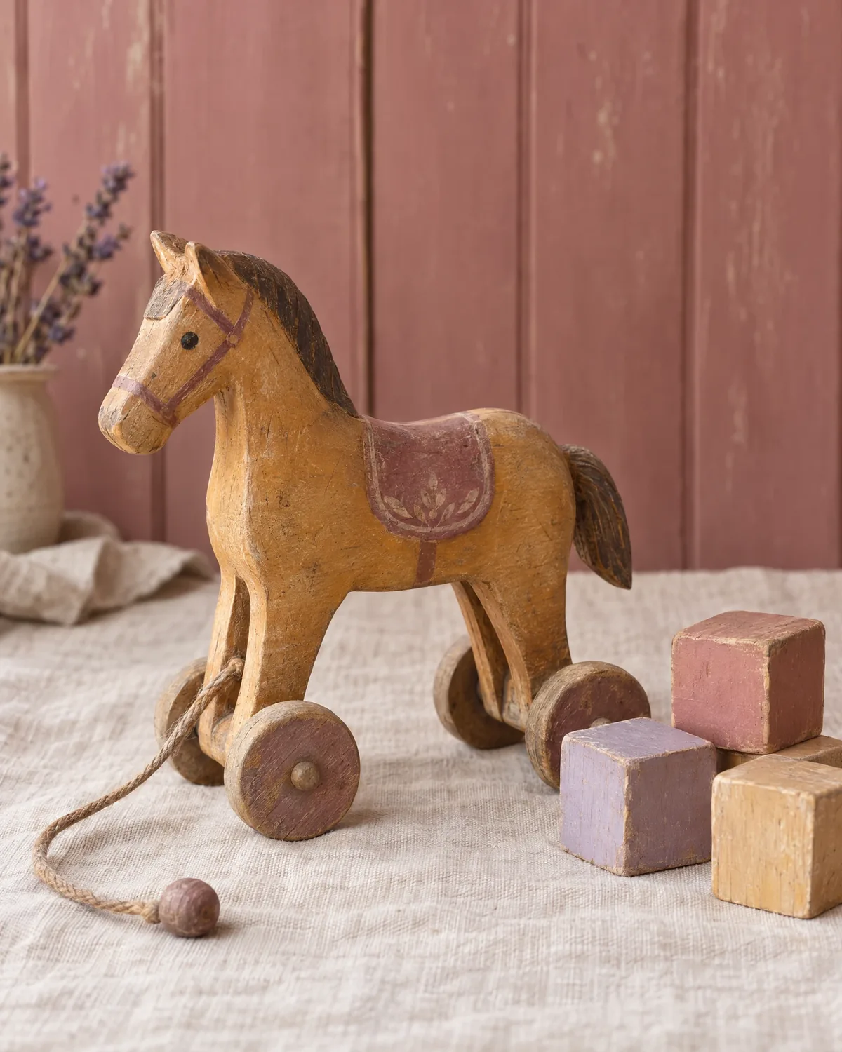 Illustrative wooden pull-along horse with a rose saddle beside pastel building blocks